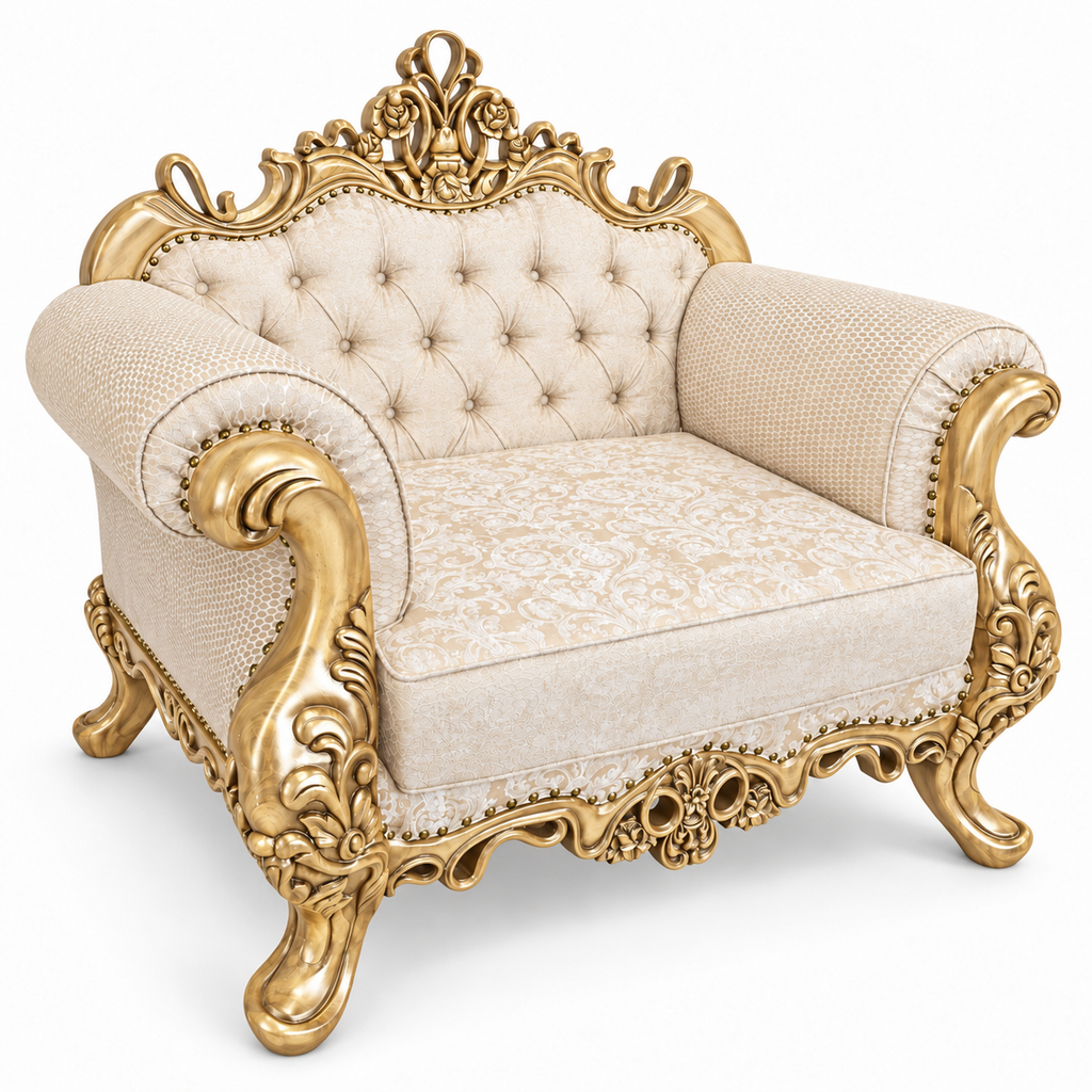 Malik 1 seater — Pure Gold — Ivory / Champagne patterned fabric