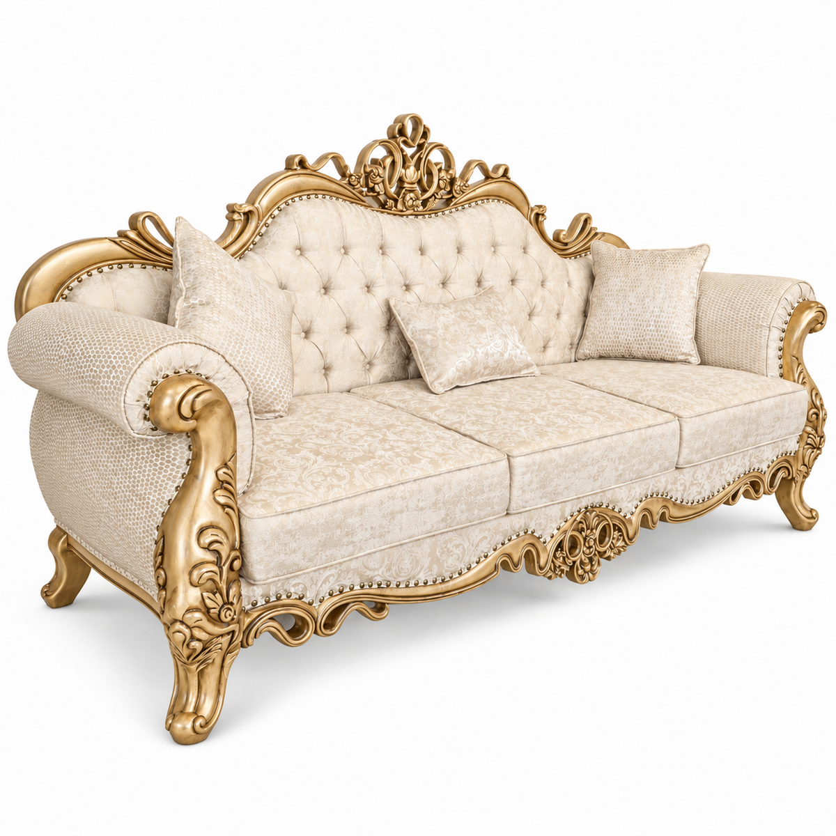 Malik 3 seater — Pure Gold — Ivory / Champagne patterned fabric