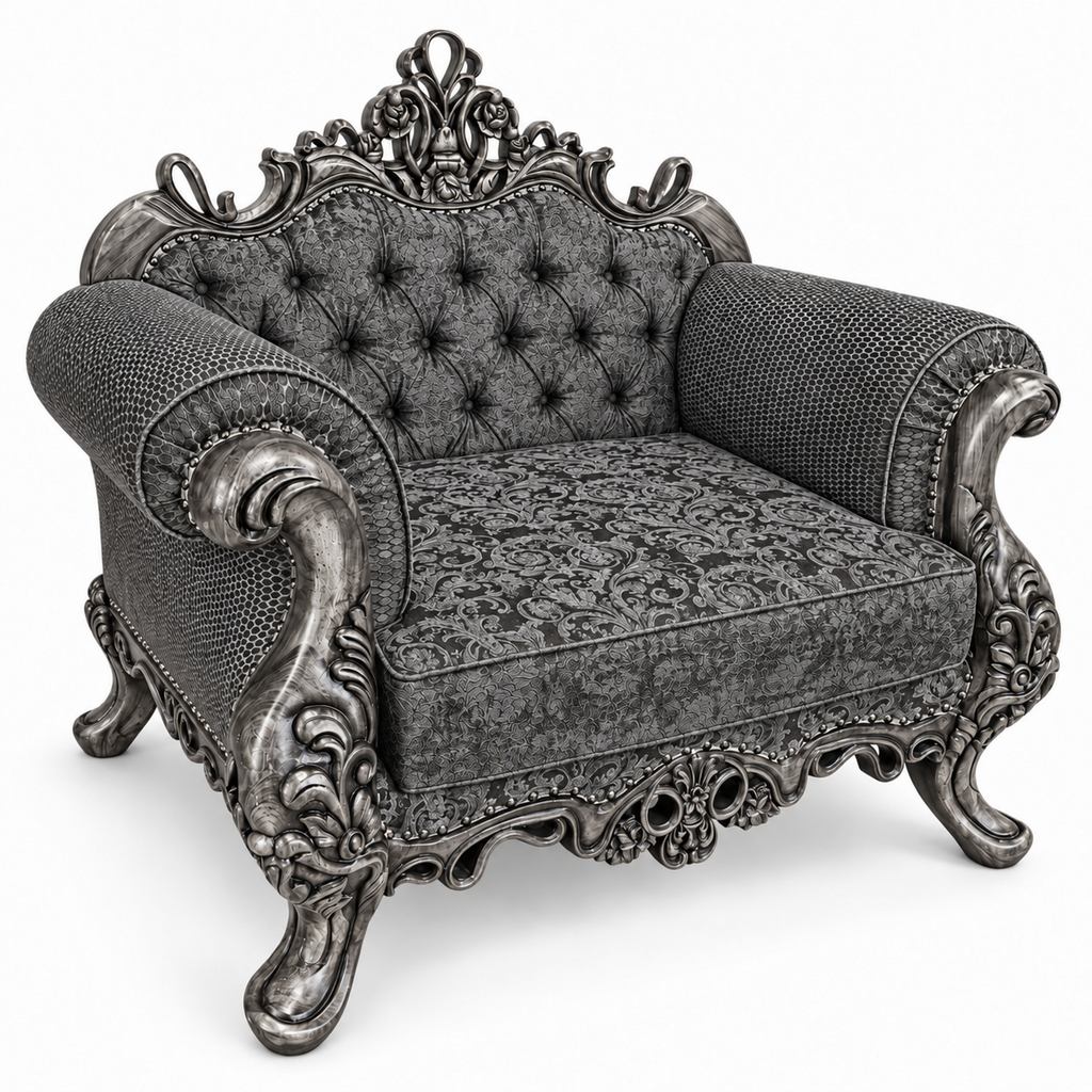 Malik 1 seater — Silver Antique — Charcoal / Silver patterned fabric