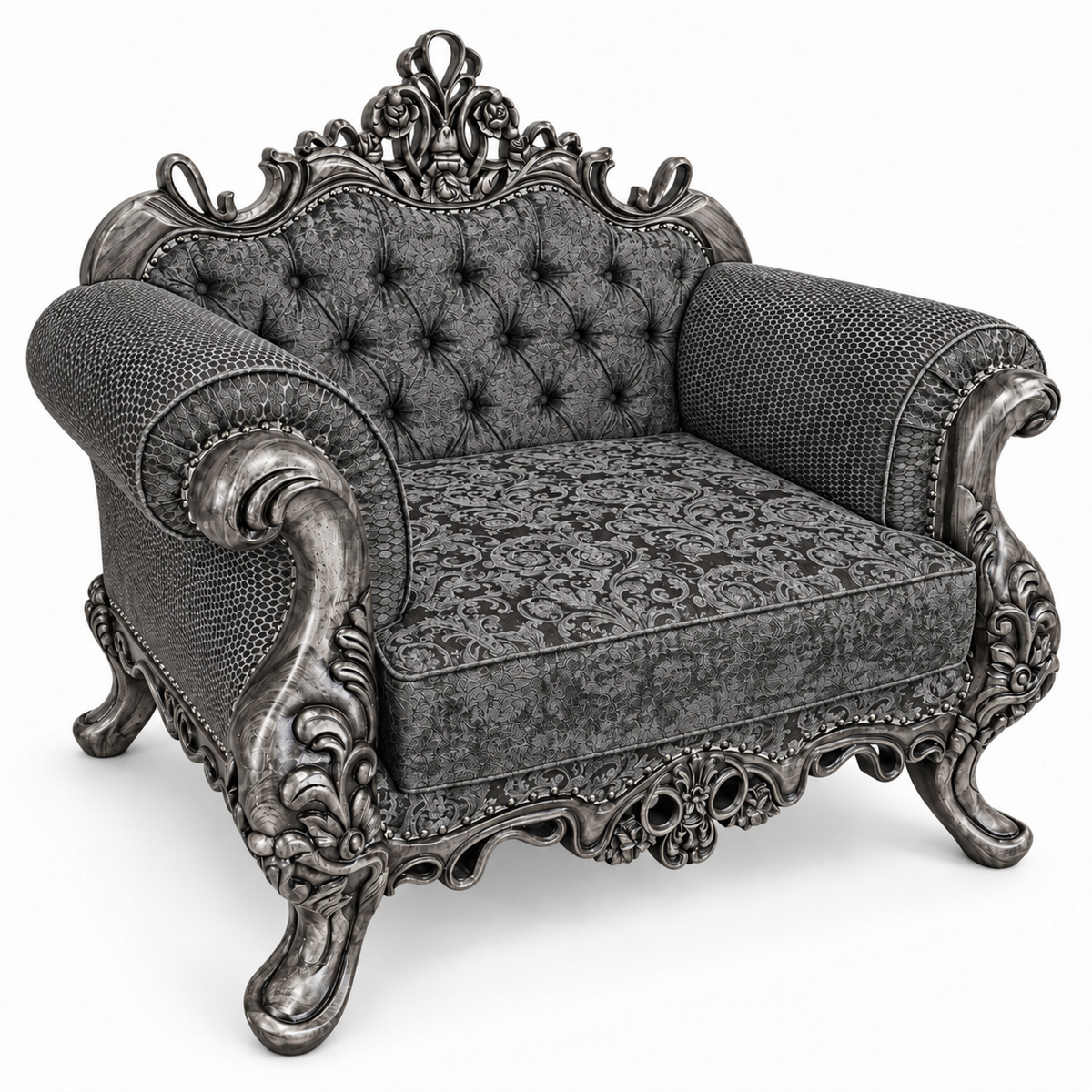 Malik 1 seater — Silver Antique — Charcoal / Silver patterned fabric