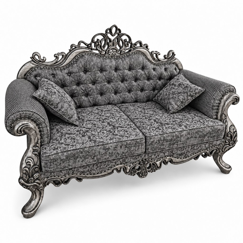 Malik 2 seater — Silver Antique — Charcoal / Silver patterned fabric