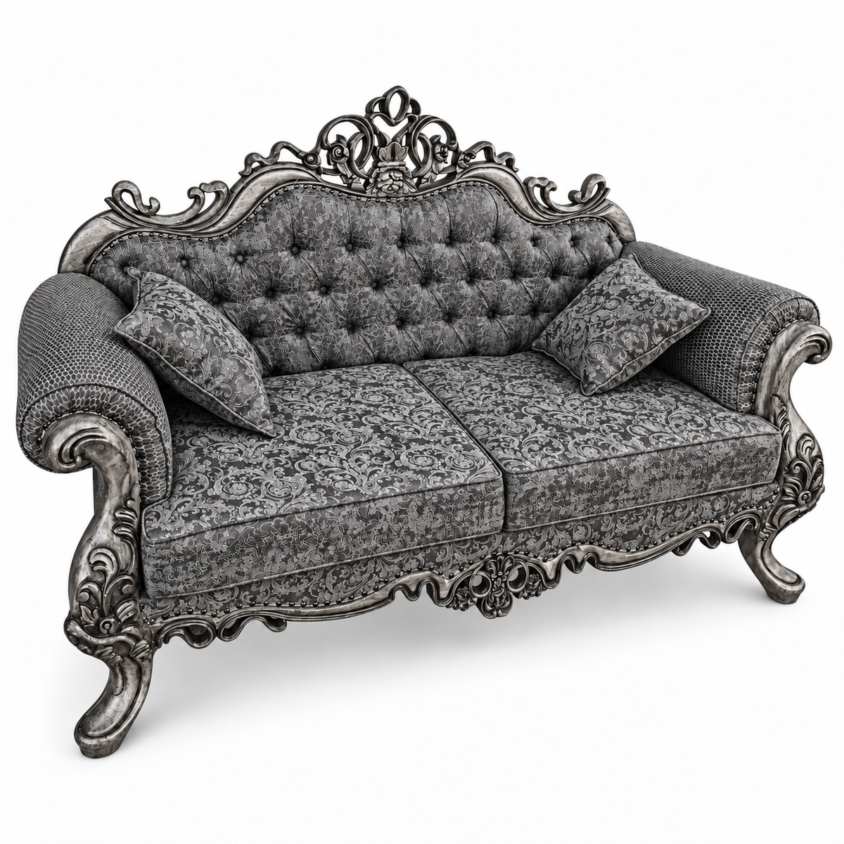 Malik 2 seater — Silver Antique — Charcoal / Silver patterned fabric