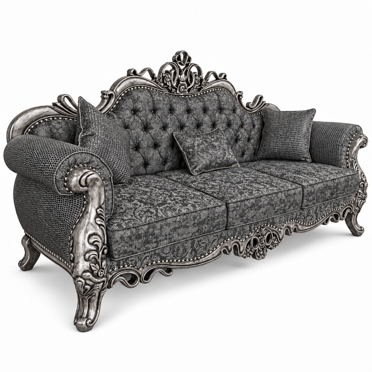 Malik 3 seater — Silver Antique — Charcoal / Silver patterned fabric