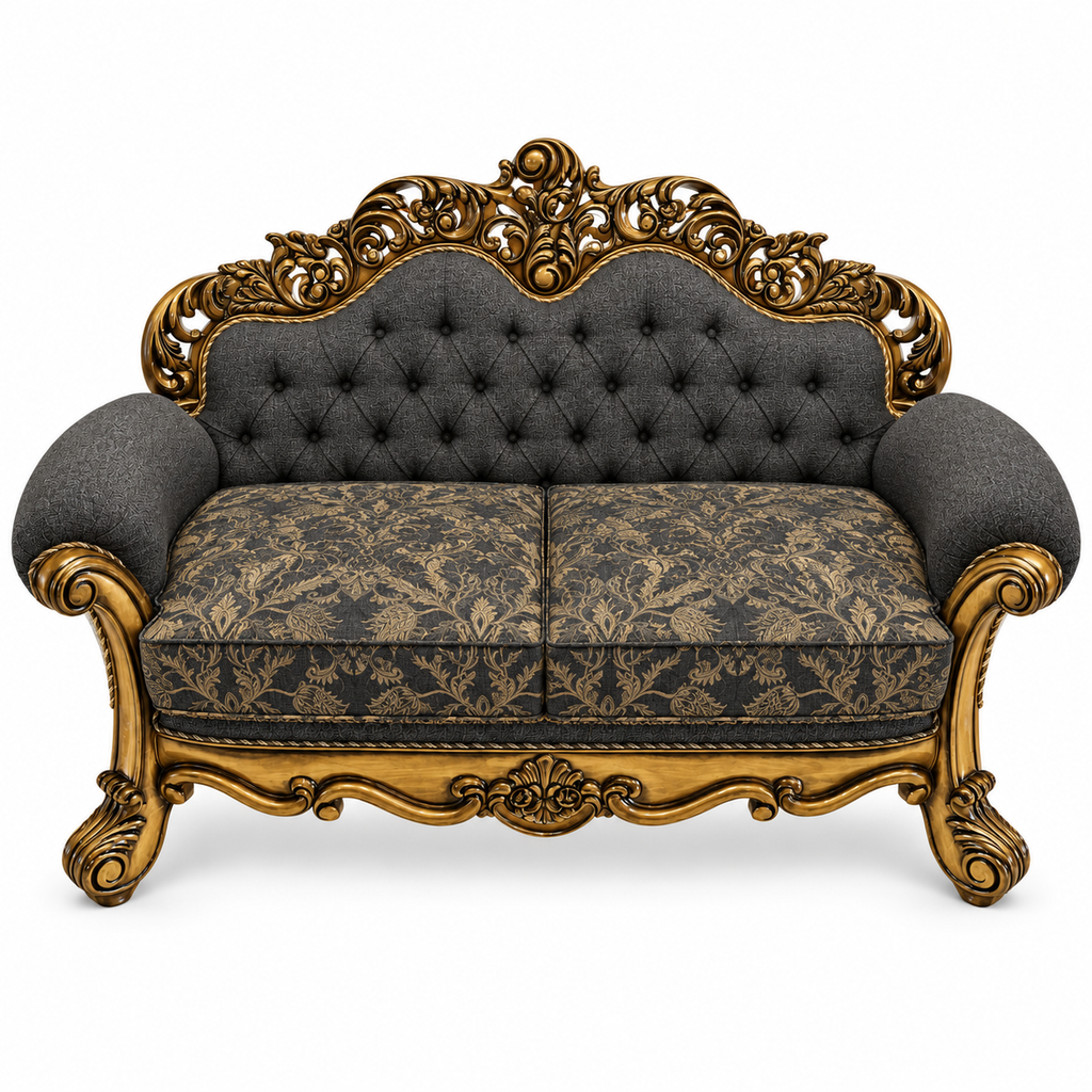 Sahara Prestige — Two Seater — Golden Antique — Charcoal / Gold; finish visualisation