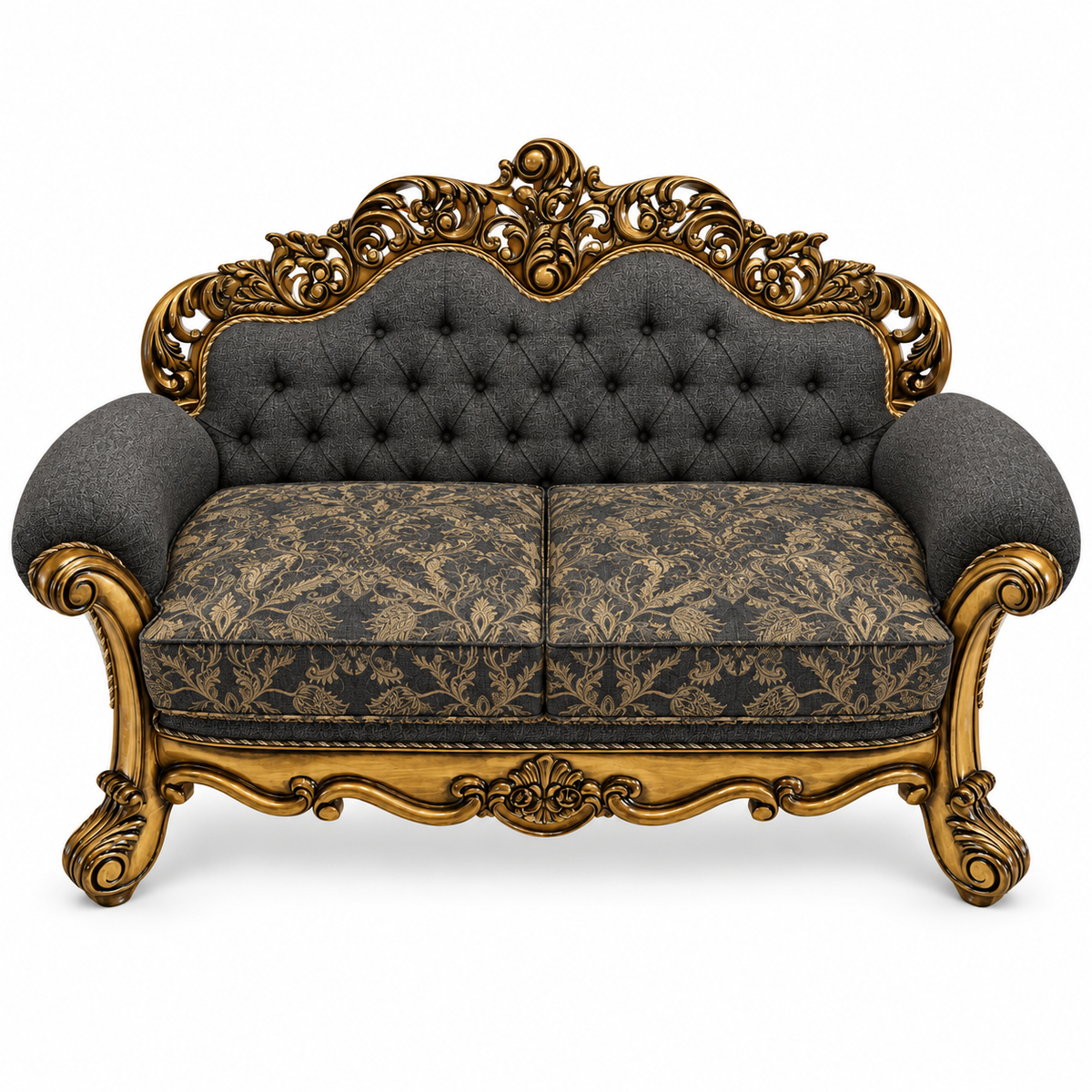 Sahara Prestige — Two Seater — Golden Antique — Charcoal / Gold; finish visualisation