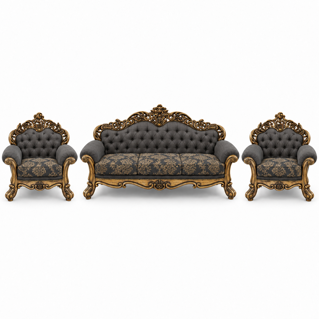 Sahara Prestige — 3+1+1 Bundle — Golden Antique — Charcoal / Gold; finish visualisation