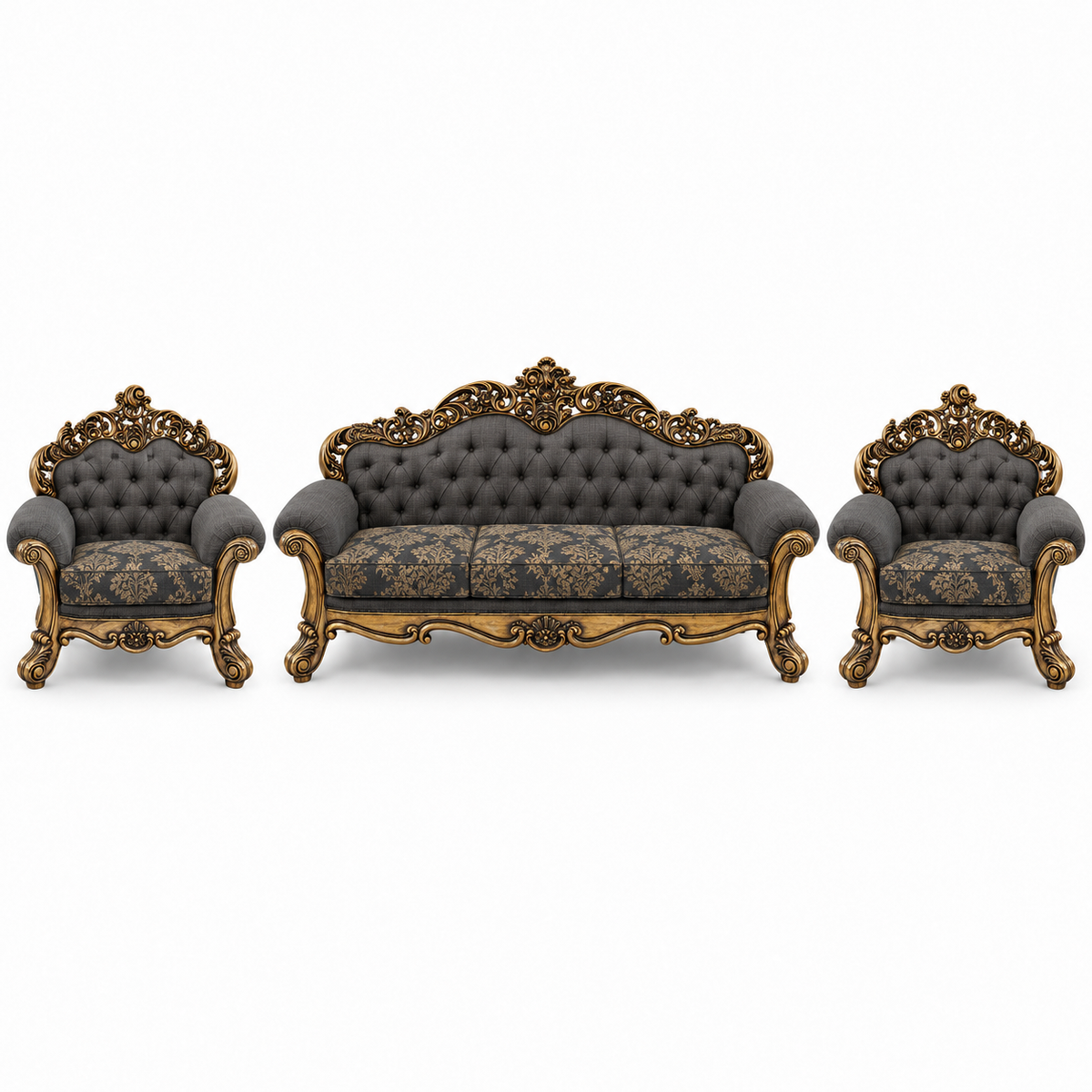 Sahara Prestige — 3+1+1 Bundle — Golden Antique — Charcoal / Gold; finish visualisation