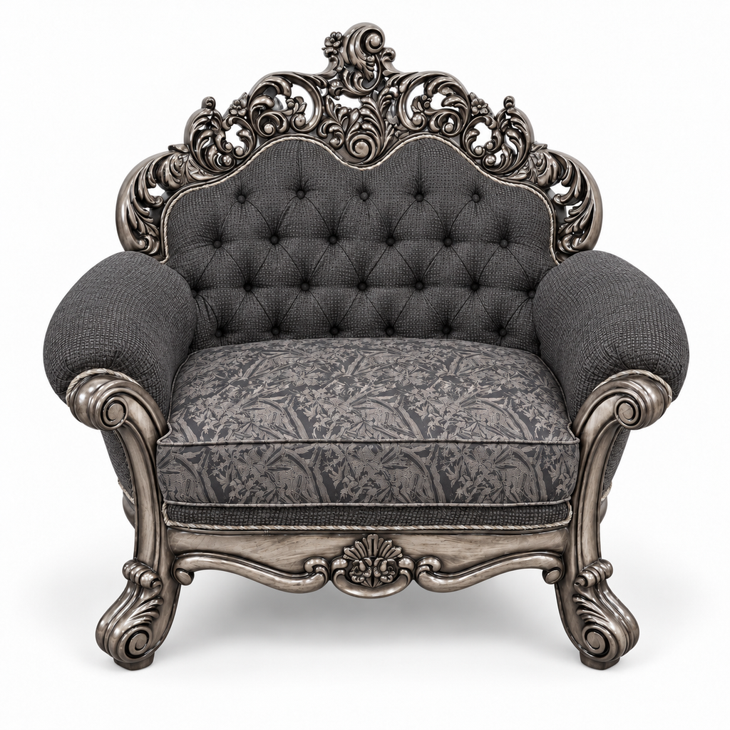 Sahara Prestige — Single seater — Silver Antique — Charcoal / Silver; finish visualisation