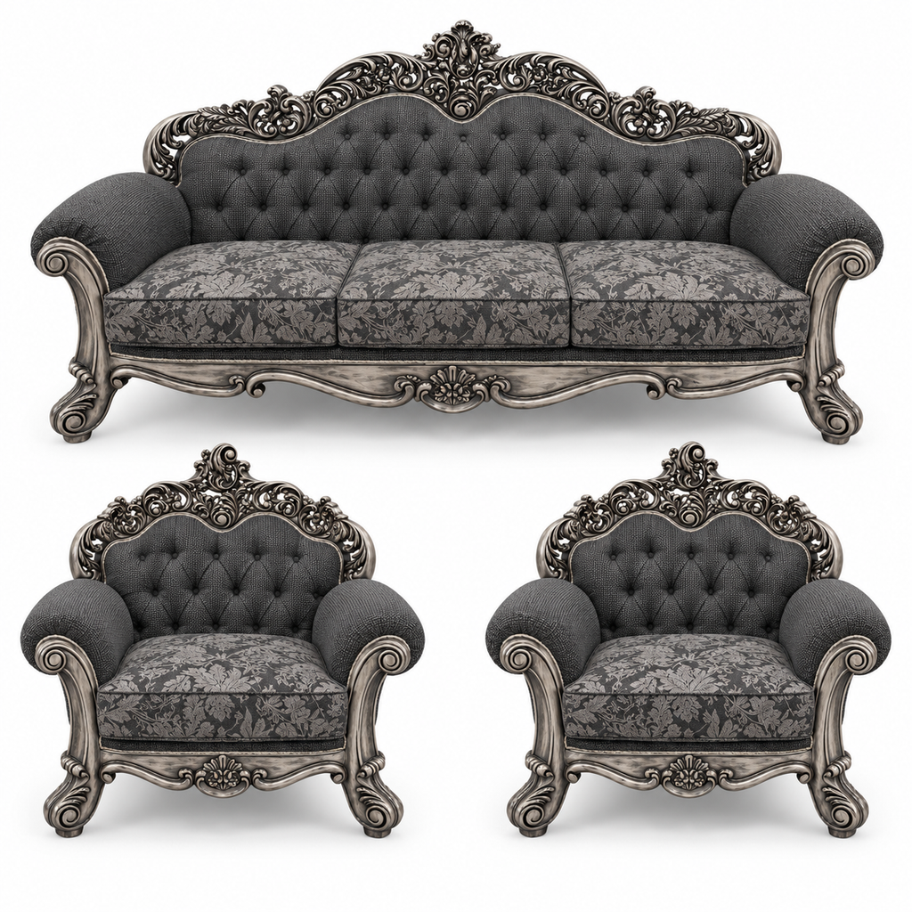 Sahara Prestige — 3+1+1 Bundle — Silver Antique — Charcoal / Silver; finish visualisation