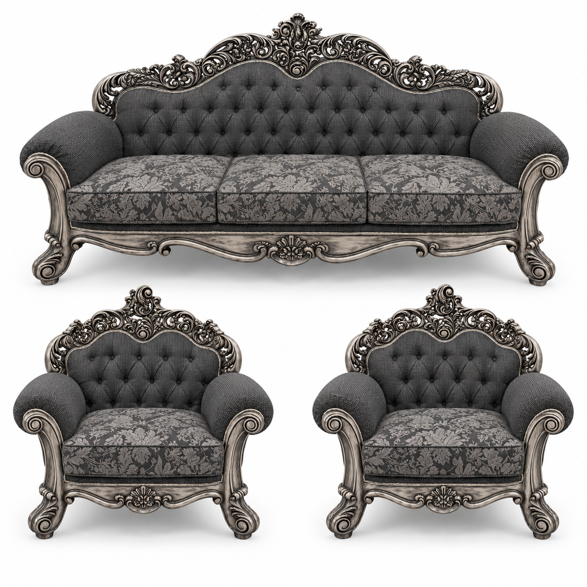 Sahara Prestige — 3+1+1 Bundle — Silver Antique — Charcoal / Silver; finish visualisation