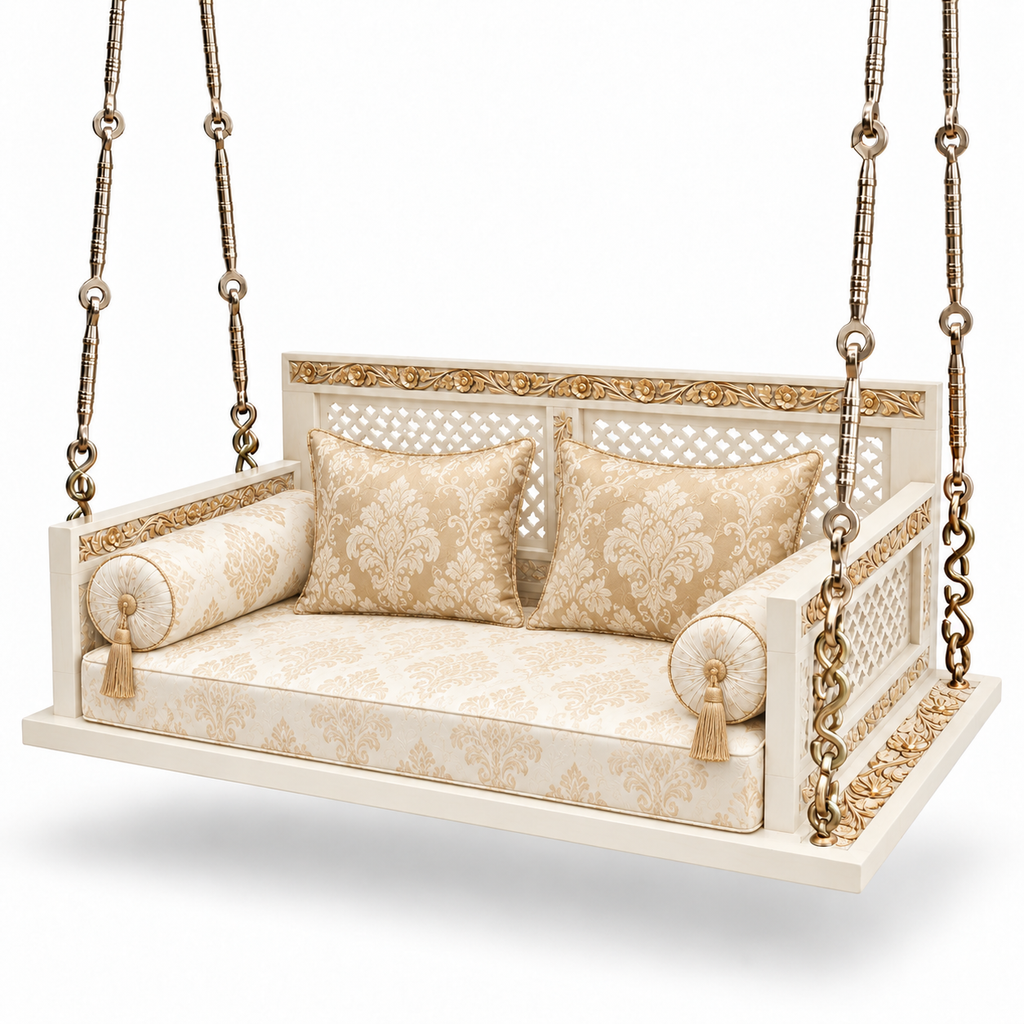 SD01 Ceiling Jhoola – White Gold – matching cushion set