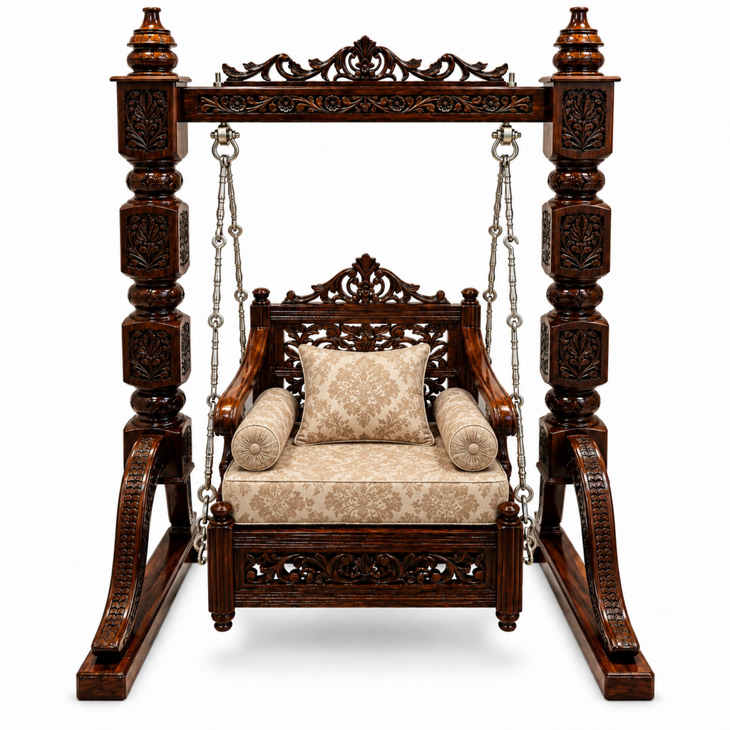 SD Single Seater Jhoola – Natural Double Tone – matching cushion set
