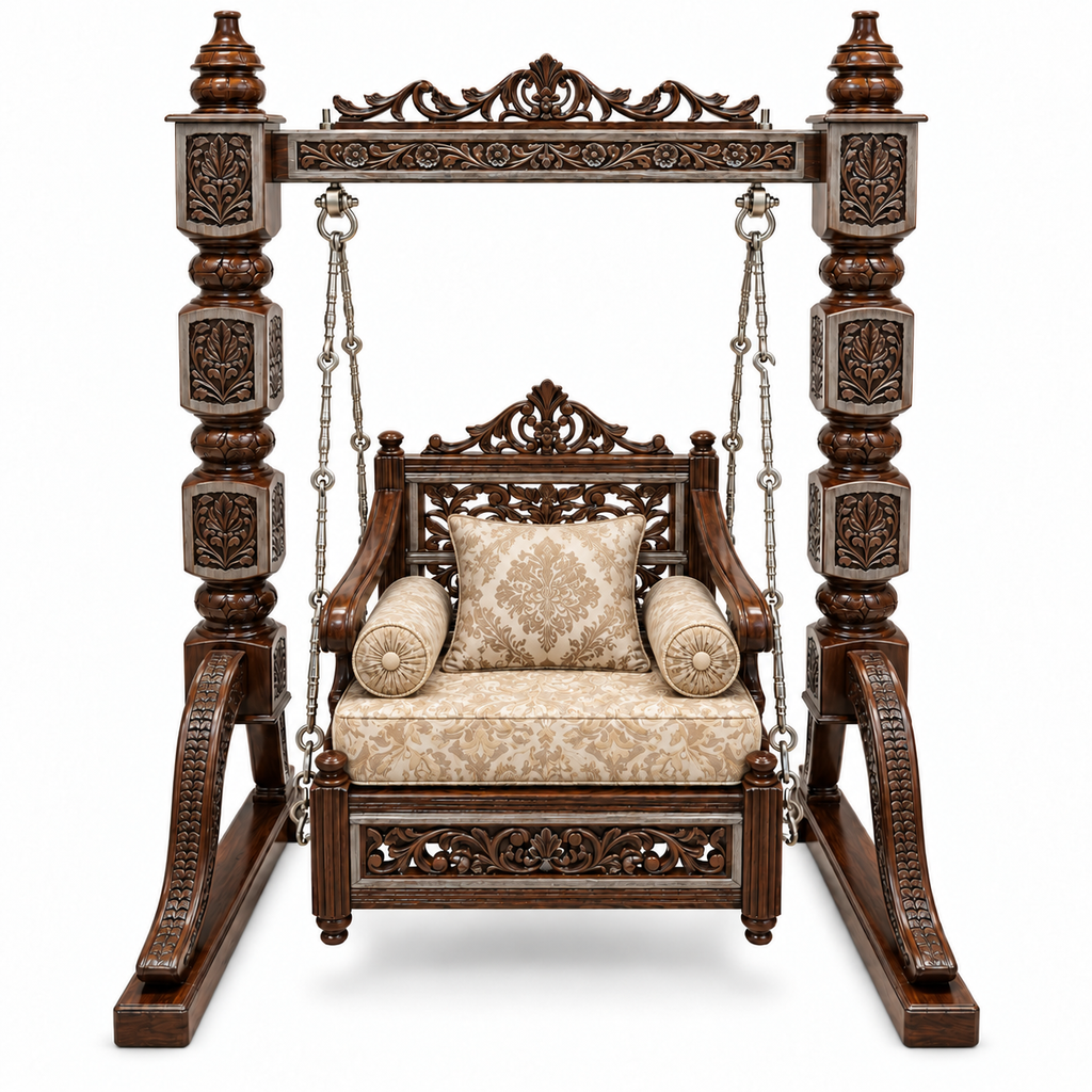 SD Single Seater Jhoola – Natural Double Tone – matching cushion set