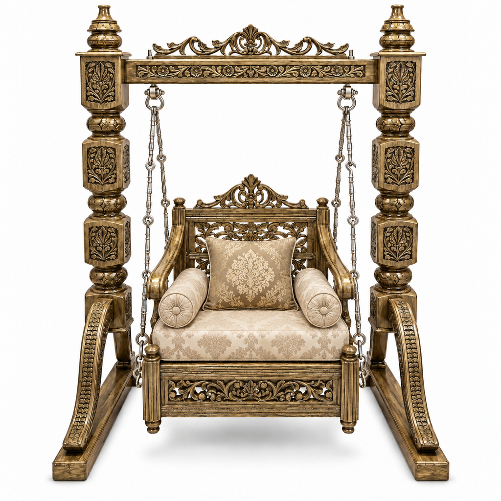 SD Single Seater Jhoola – Golden Antique – matching cushion set