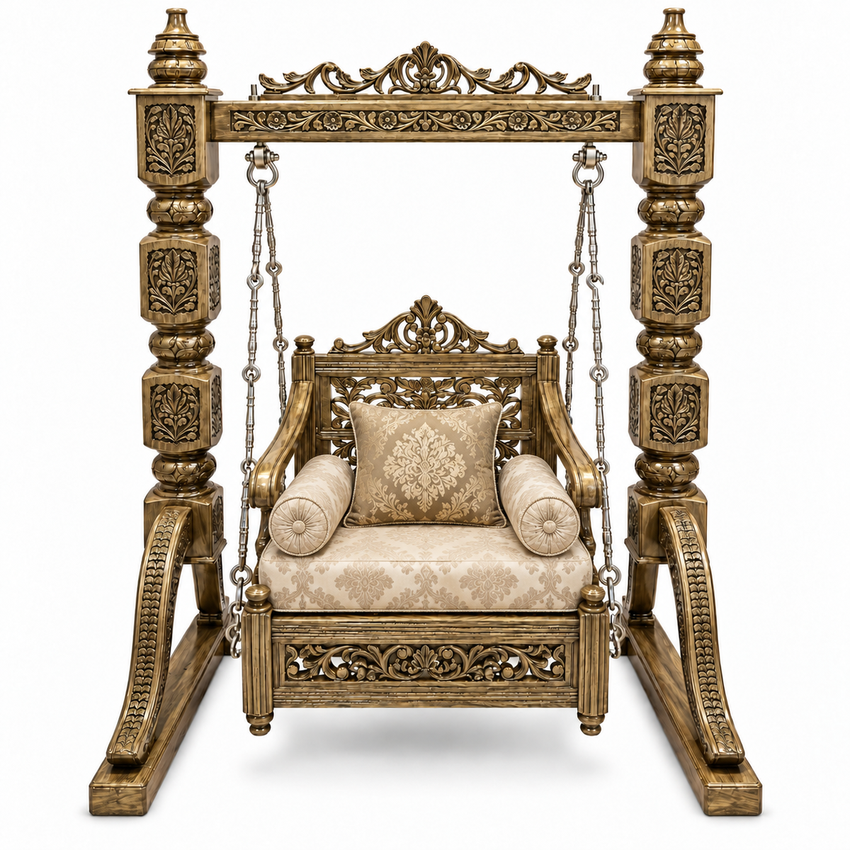 SD Single Seater Jhoola – Golden Antique – matching cushion set