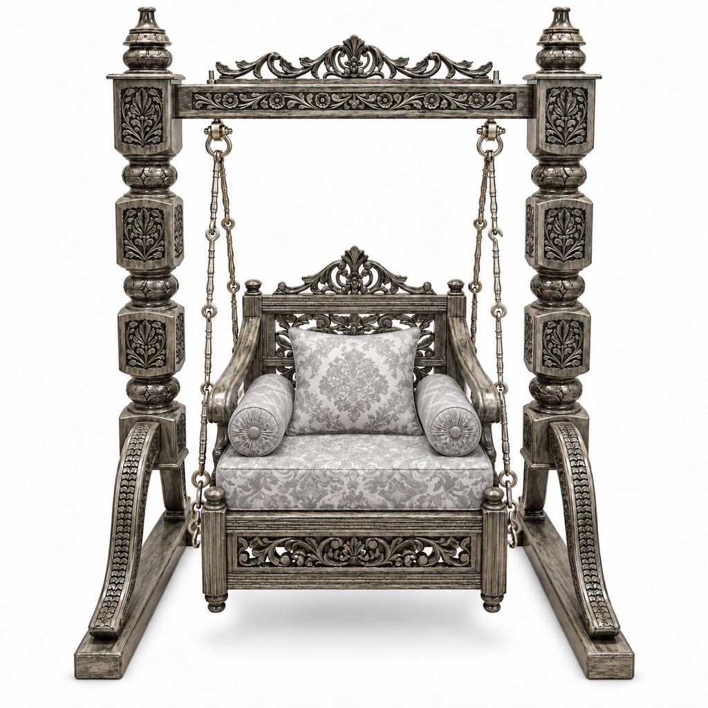 SD Single Seater Jhoola – Silver Antique – matching cushion set