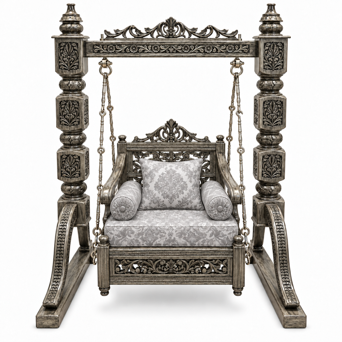 SD Single Seater Jhoola – Silver Antique – matching cushion set