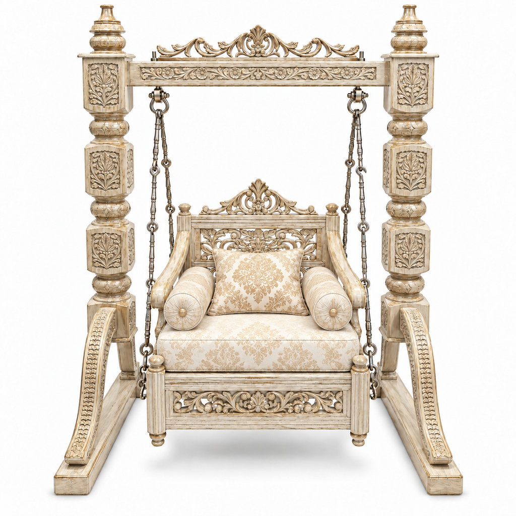 SD Single Seater Jhoola – White Gold – matching cushion set