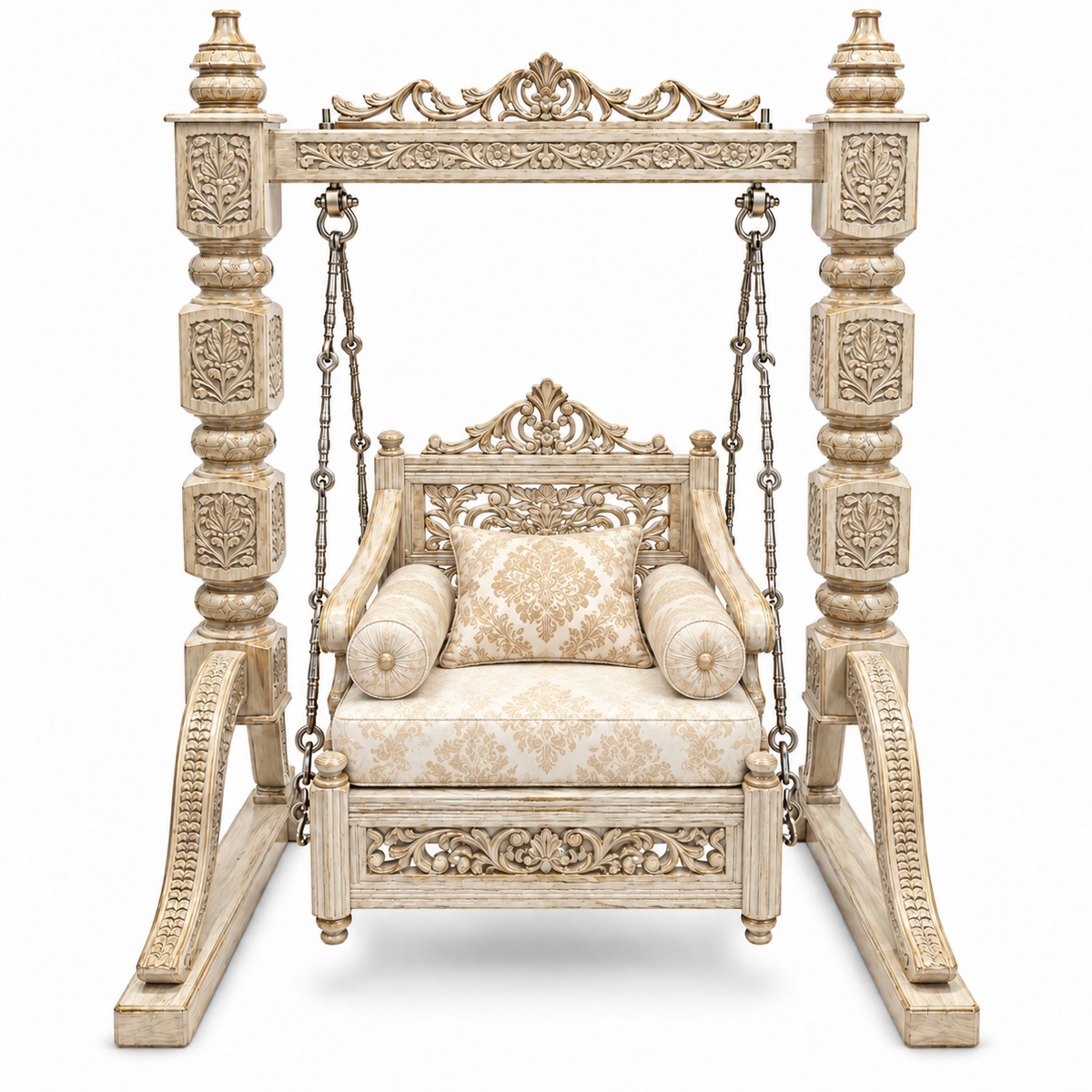 SD Single Seater Jhoola – White Gold – matching cushion set