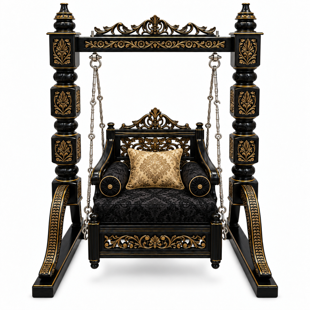 SD Single Seater Jhoola – Black Gold – matching cushion set