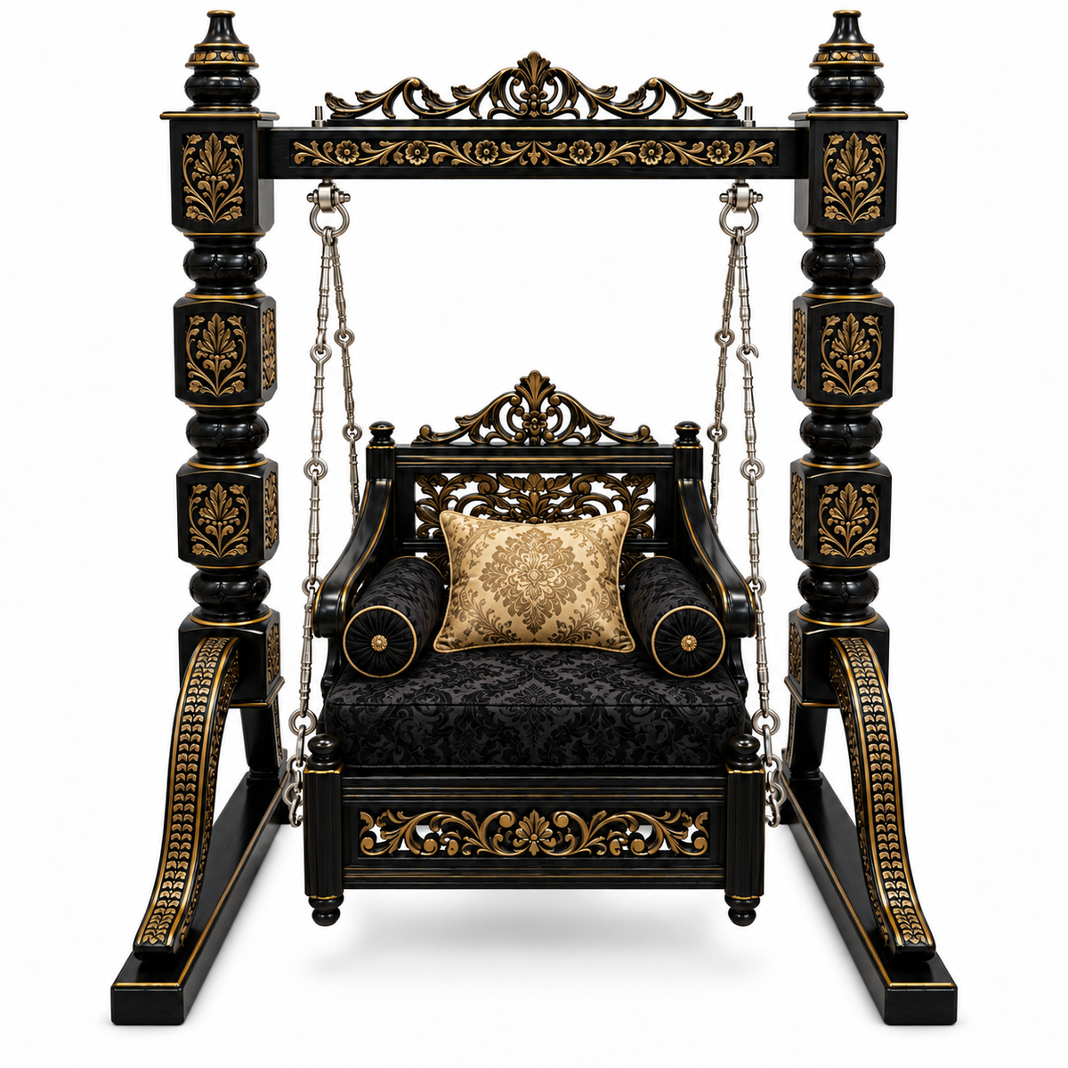 SD Single Seater Jhoola – Black Gold – matching cushion set