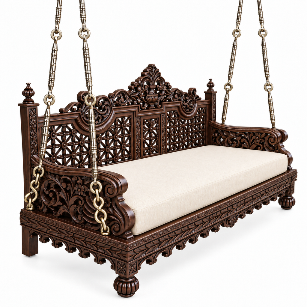 SWANN Ceiling Jhoola – Walnut – hanging aligned to Silver Antique