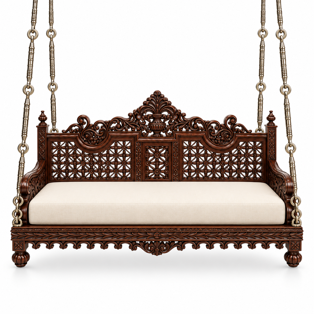 SWANN Ceiling Jhoola – Walnut Front – consistent Silver Antique hanging placement
