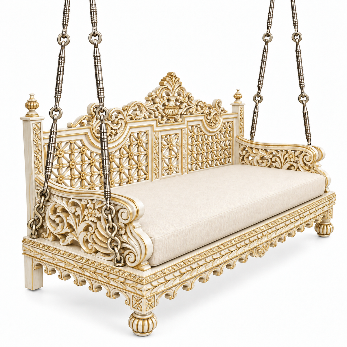 SWANN Ceiling Jhoola – White Gold – hanging aligned to Silver Antique
