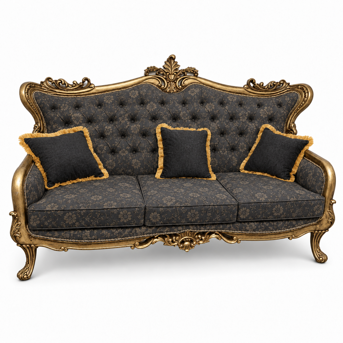Zara 3 Seater Sofa – Golden Antique with Charcoal / Gold fabric