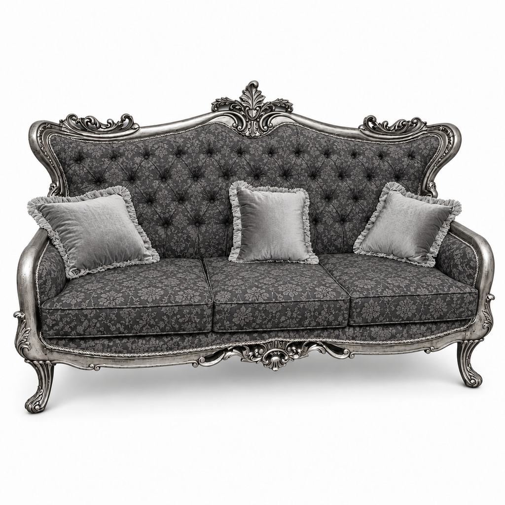 Zara 3 Seater Sofa – Silver Antique with Charcoal / Silver fabric