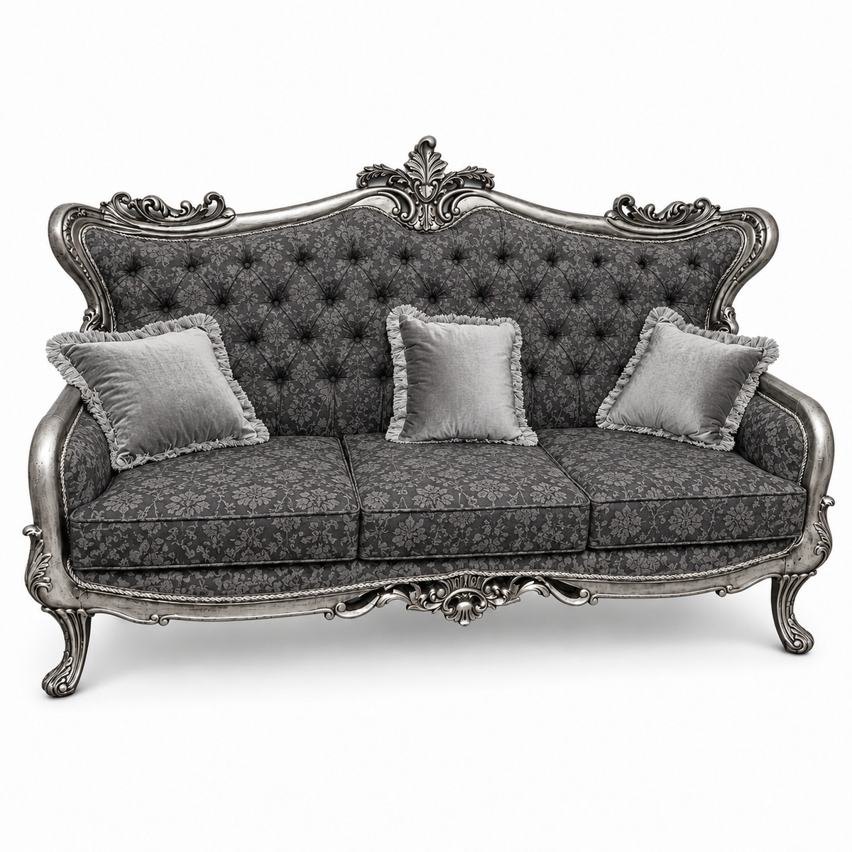 Zara 3 Seater Sofa – Silver Antique with Charcoal / Silver fabric