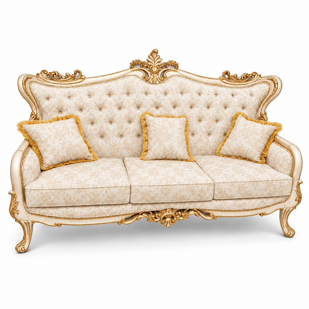 Zara 3 Seater Sofa – White Gold with Ivory / Gold fabric