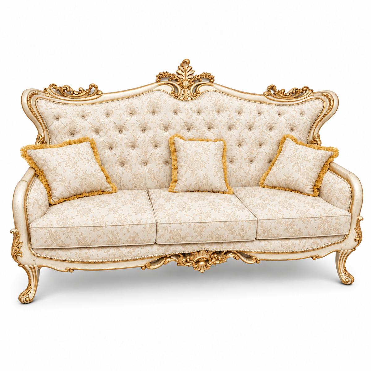 Zara 3 Seater Sofa – White Gold with Ivory / Gold fabric