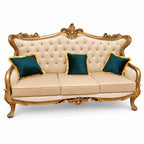 Zara 3 Seater Sofa – original Golden Antique with cream upholstery and teal cushions