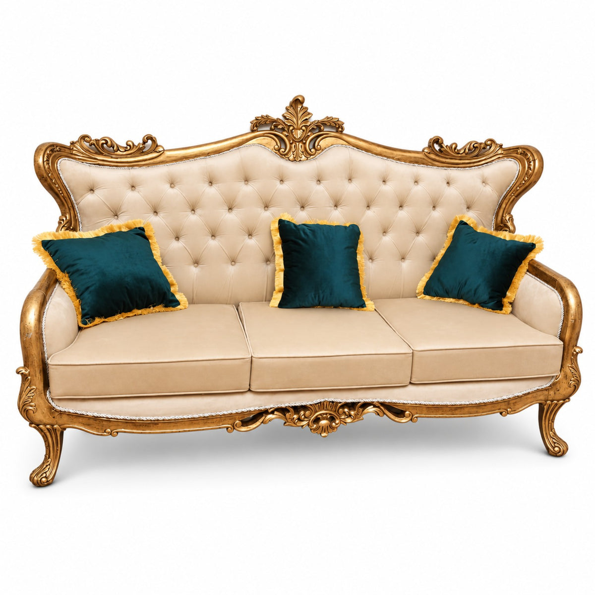 Zara 3 Seater Sofa – original Golden Antique with cream upholstery and teal cushions