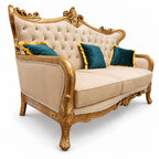 Zara 3 Seater Sofa – original Golden Antique with cream upholstery and teal cushions
