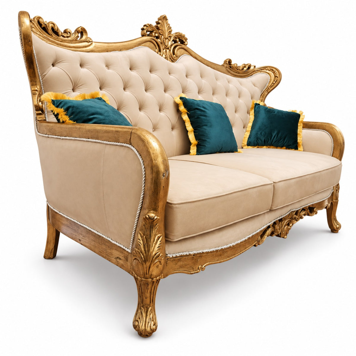 Zara 3 Seater Sofa – original Golden Antique with cream upholstery and teal cushions