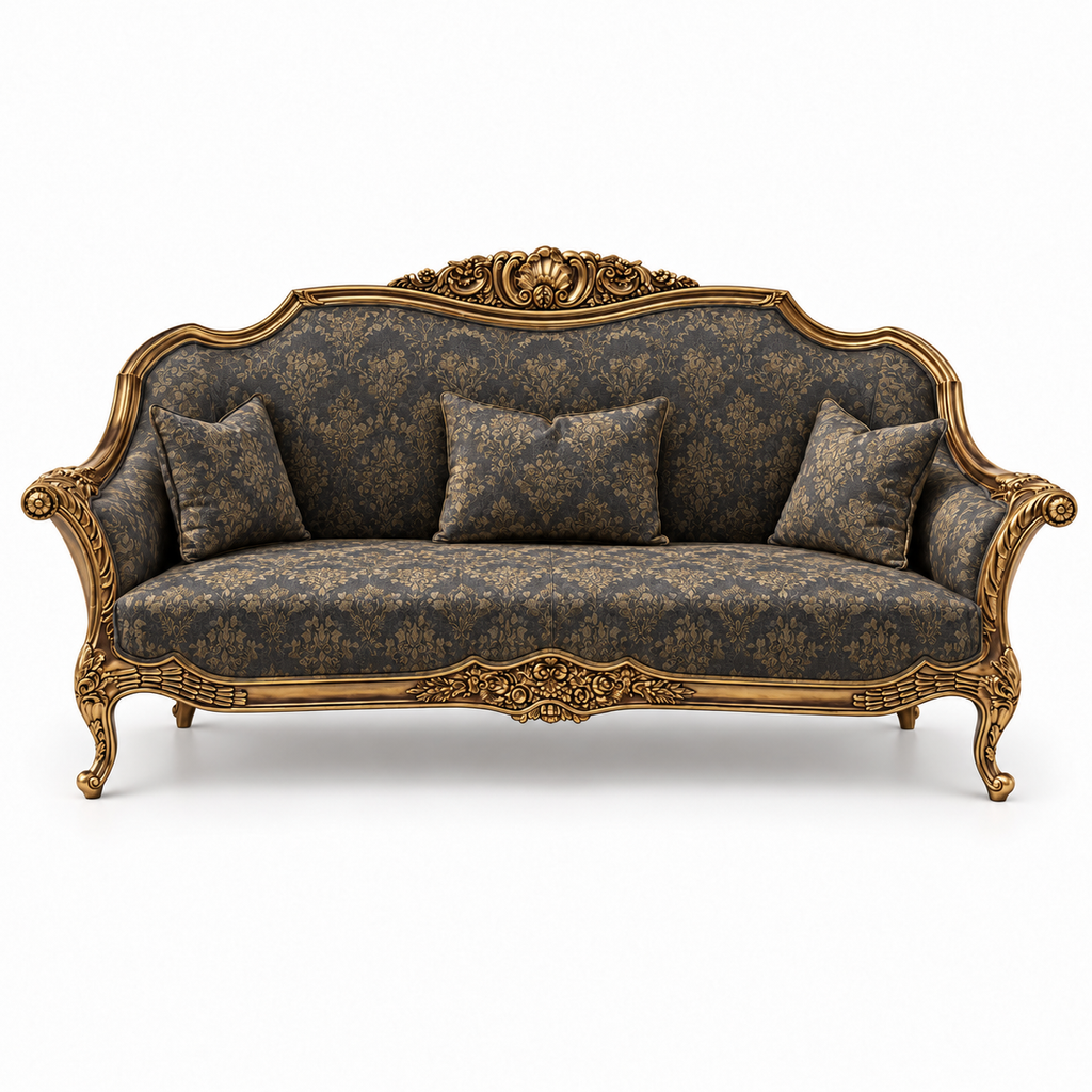 Zaviya 3 Seater Sofa – Golden Antique wood polish with Charcoal / Gold fabric