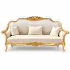 Zaviya 3 Seater Sofa – Pure Gold wood polish with Ivory / Champagne fabric