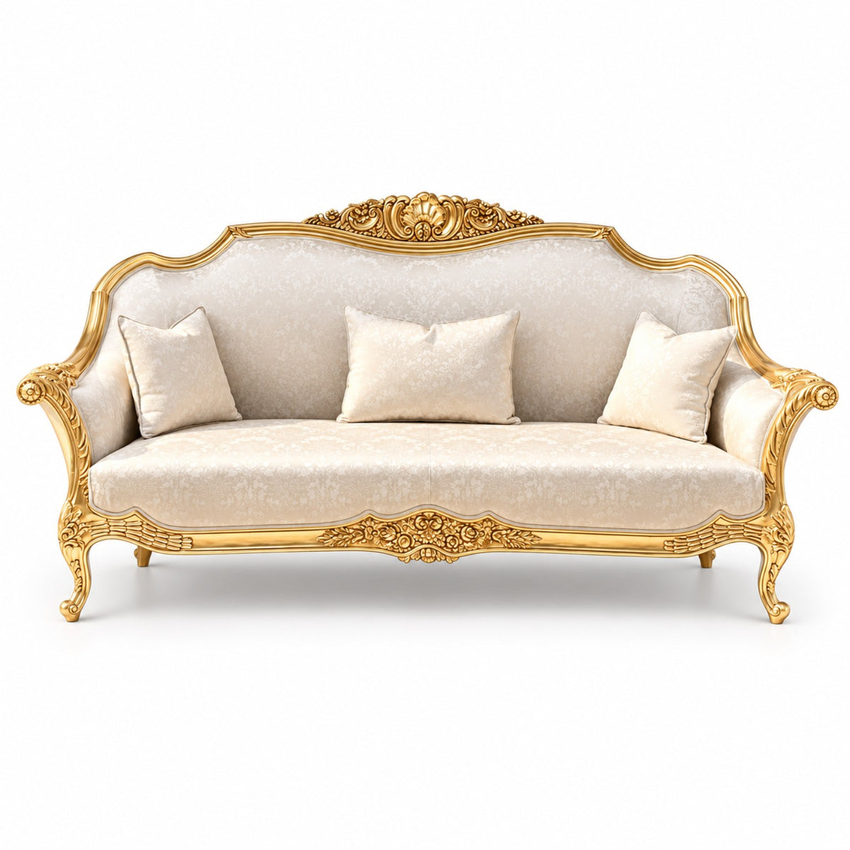 Zaviya 3 Seater Sofa – Pure Gold wood polish with Ivory / Champagne fabric