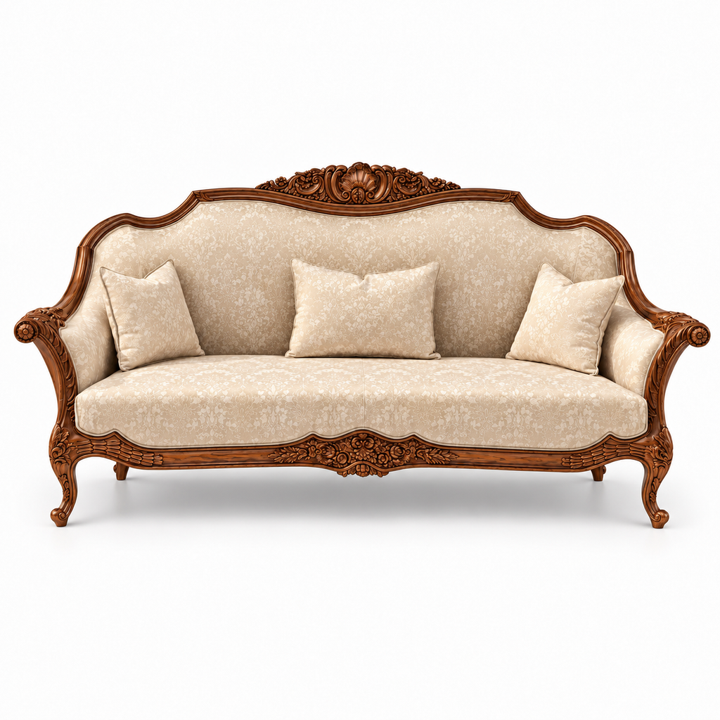 Zaviya 3 Seater Sofa – Natural wood polish with Warm Beige / Champagne fabric