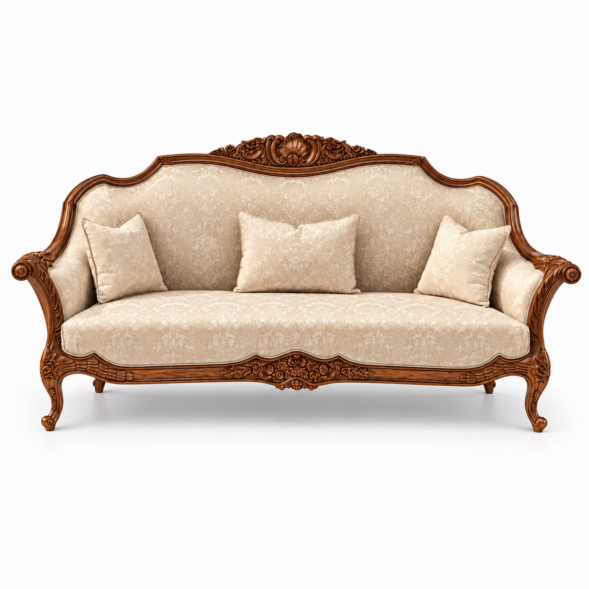 Zaviya 3 Seater Sofa – Natural wood polish with Warm Beige / Champagne fabric
