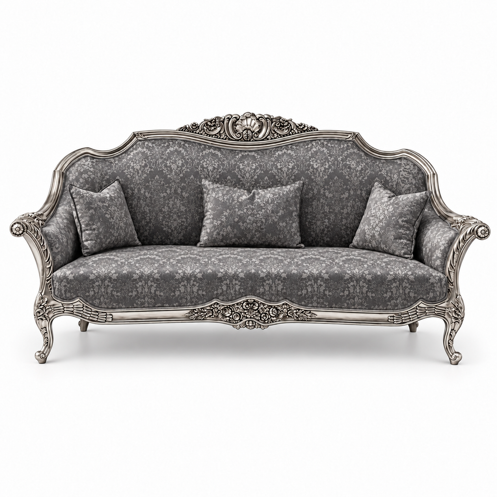 Zaviya 3 Seater Sofa – Silver Antique wood polish with Charcoal / Silver fabric