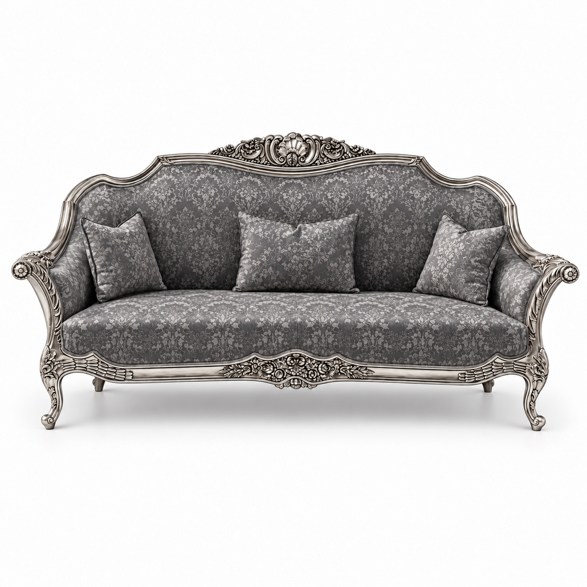 Zaviya 3 Seater Sofa – Silver Antique wood polish with Charcoal / Silver fabric