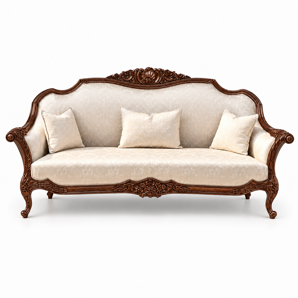 Zaviya 3 Seater Sofa – Walnut wood polish with Cream / Beige fabric