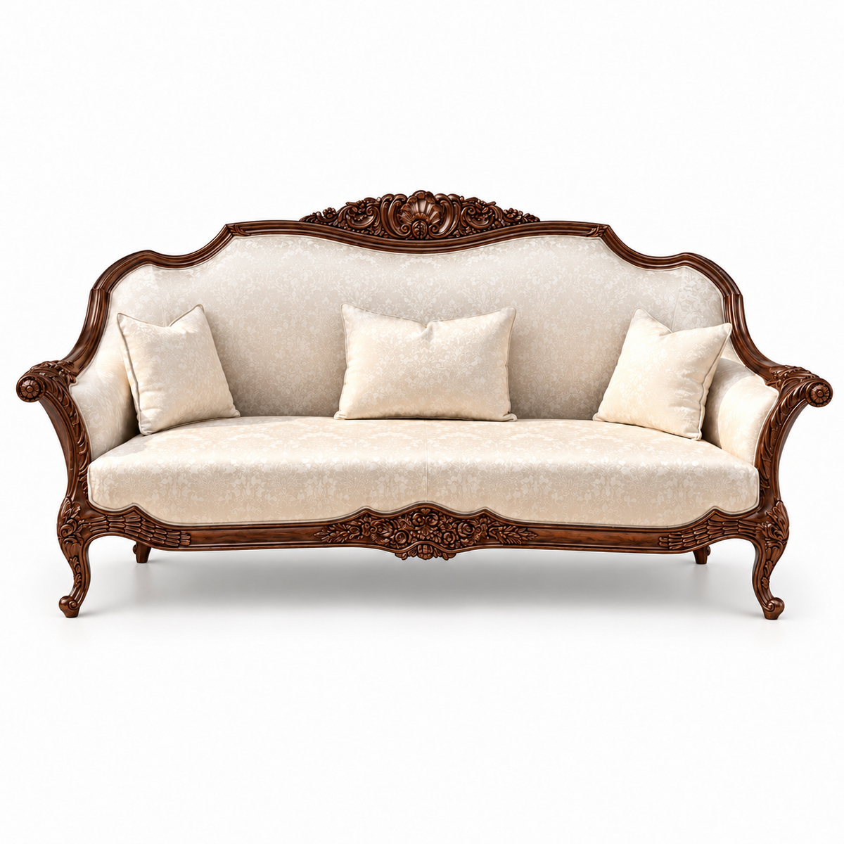 Zaviya 3 Seater Sofa – Walnut wood polish with Cream / Beige fabric