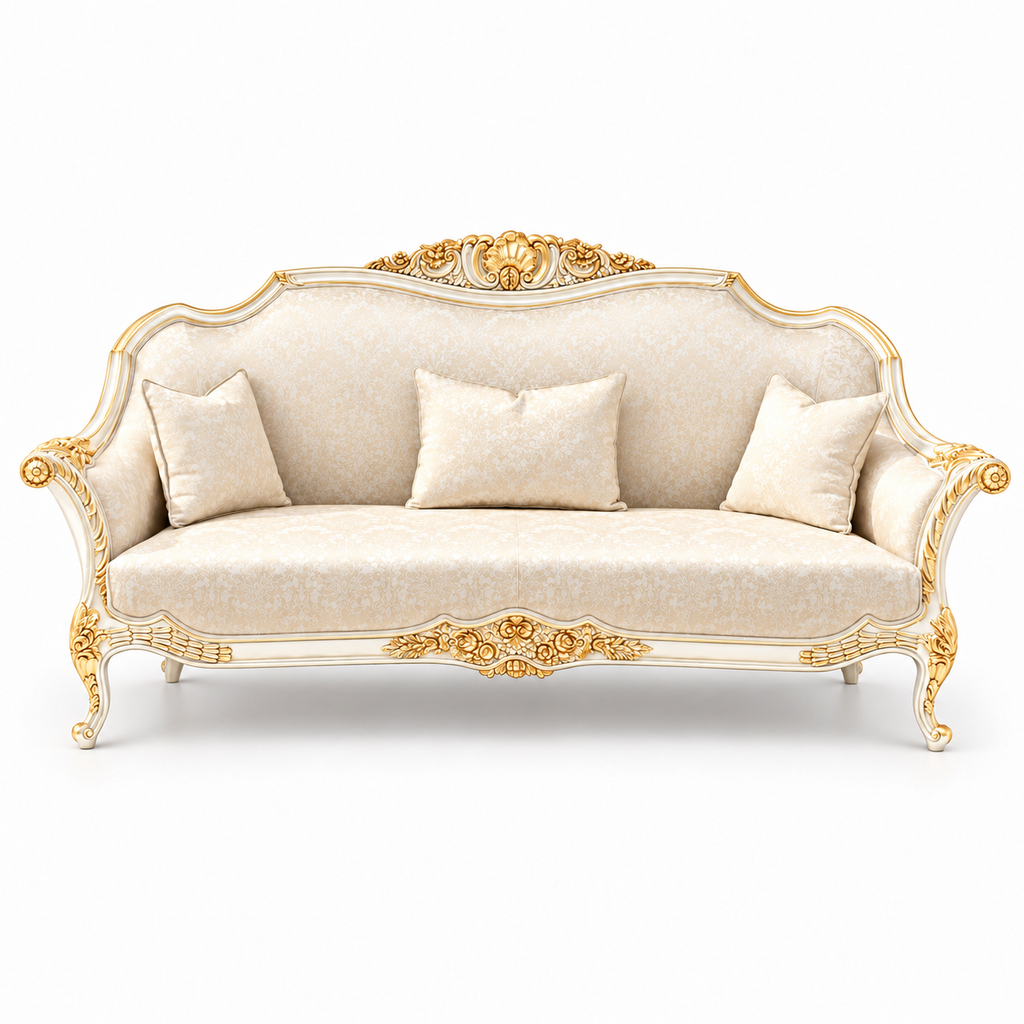 Zaviya 3 Seater Sofa – White Gold wood polish with Ivory / Gold fabric