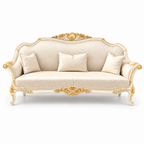 Zaviya 3 Seater Sofa – White Gold wood polish with Ivory / Gold fabric