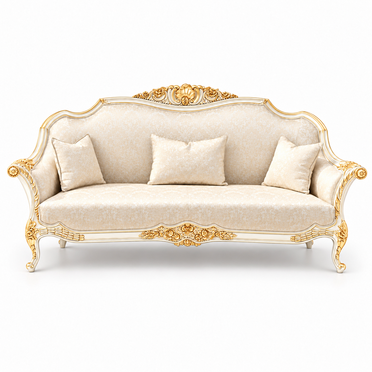 Zaviya 3 Seater Sofa – White Gold wood polish with Ivory / Gold fabric